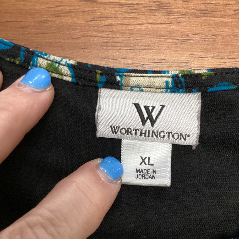 Worthington Womens XL Blue Green Abstract Print Short Sleeve Lined Blouse - Picture 3 of 7